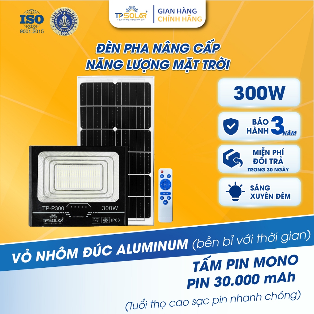 Đèn Pha Năng Lượng Mặt Trời TP SOLAR TP-P300 300W, Chống Nước Ip68, Vỏ Nhôm Đúc