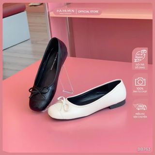 Giày bệt búp bê nữ HÀ HUYỀN da lì mũi vuông nơ nhí đế bệt 1cm - BB763