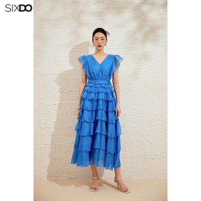 Đầm xoè xanh tơ organza phối bèo SIXDO (Blue Organza Flared Dress)