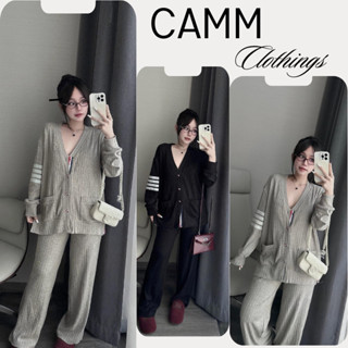 Set Đồ Nữ Thu Đông Áo Khoác Len Quần Dài Ống Rộng HCOM3604 - Cardigan Kẻ Sọc Cổ V, Hai Túi Trước