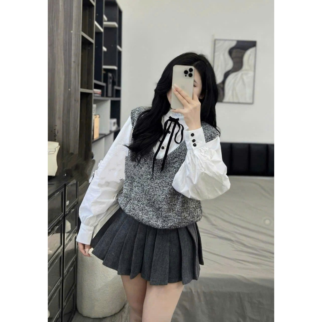 (Set 3 Món): Áo Gile Len Tiêu Xám+ Áo Sơ Mi Dài Tay Đính Nơ+ Chân Dạ Xếp Ly Phong Cách Tiểu Thư, Sang Chảnh -Ảnh Lollaye | BigBuy360 - bigbuy360.vn