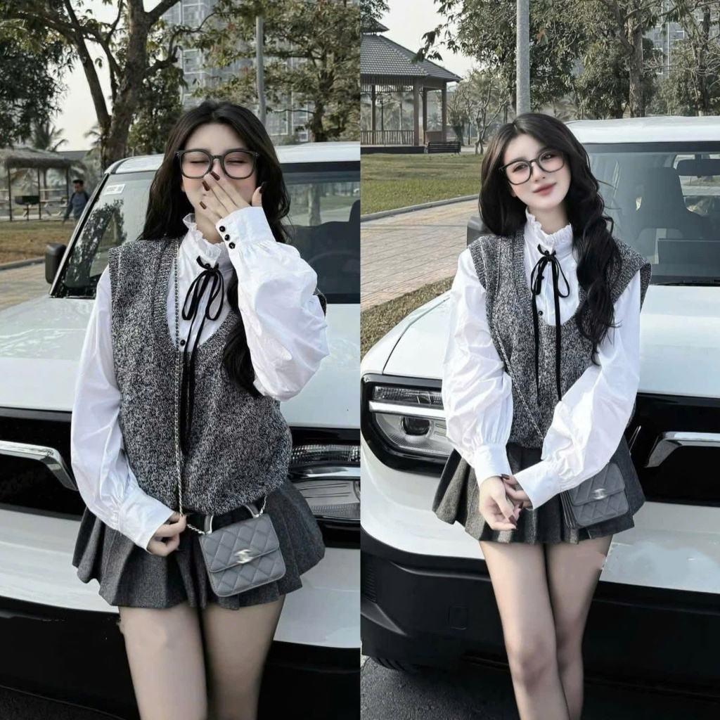 (Set 3 Món): Áo Gile Len Tiêu Xám+ Áo Sơ Mi Dài Tay Đính Nơ+ Chân Dạ Xếp Ly Phong Cách Tiểu Thư, Sang Chảnh -Ảnh Lollaye | BigBuy360 - bigbuy360.vn