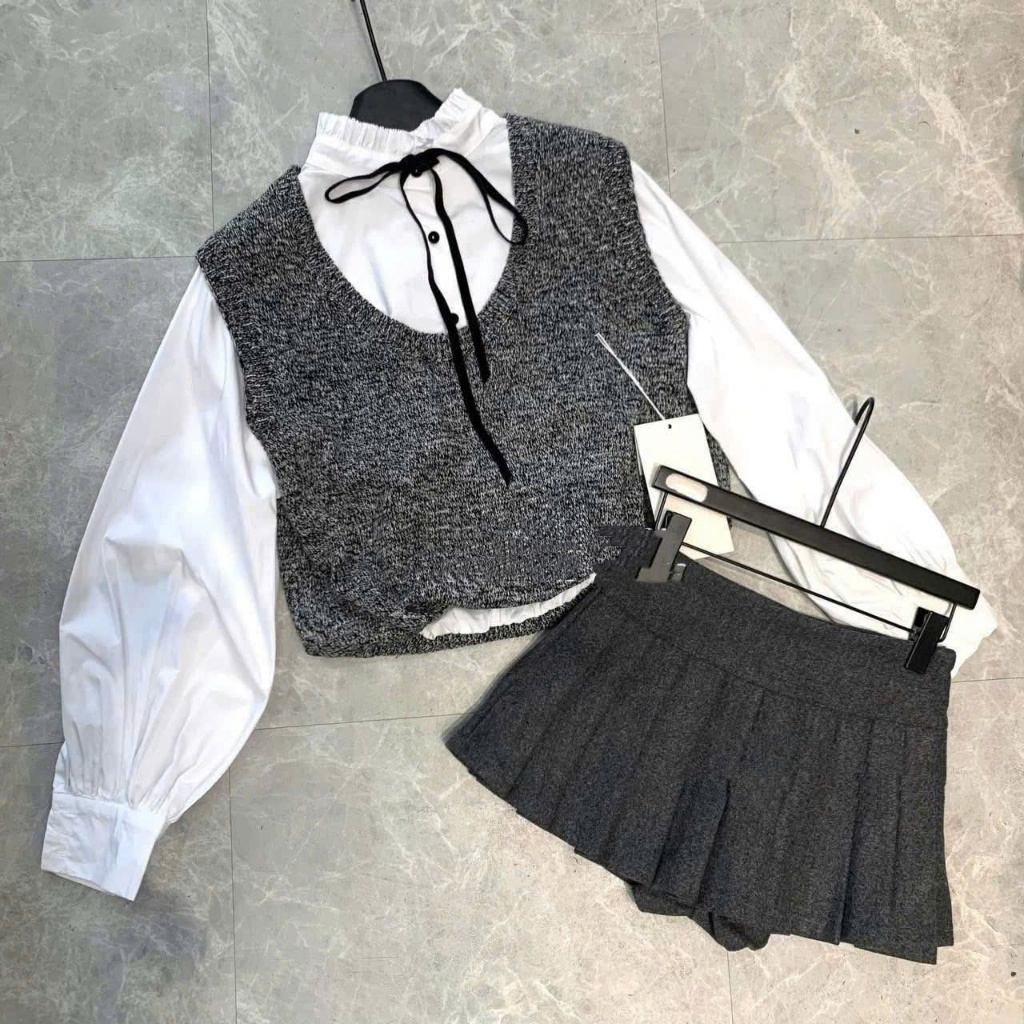 (Set 3 Món): Áo Gile Len Tiêu Xám+ Áo Sơ Mi Dài Tay Đính Nơ+ Chân Dạ Xếp Ly Phong Cách Tiểu Thư, Sang Chảnh -Ảnh Lollaye | BigBuy360 - bigbuy360.vn