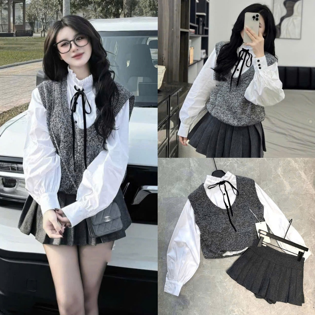 (Set 3 Món): Áo Gile Len Tiêu Xám+ Áo Sơ Mi Dài Tay Đính Nơ+ Chân Dạ Xếp Ly Phong Cách Tiểu Thư, Sang Chảnh -Ảnh Lollaye