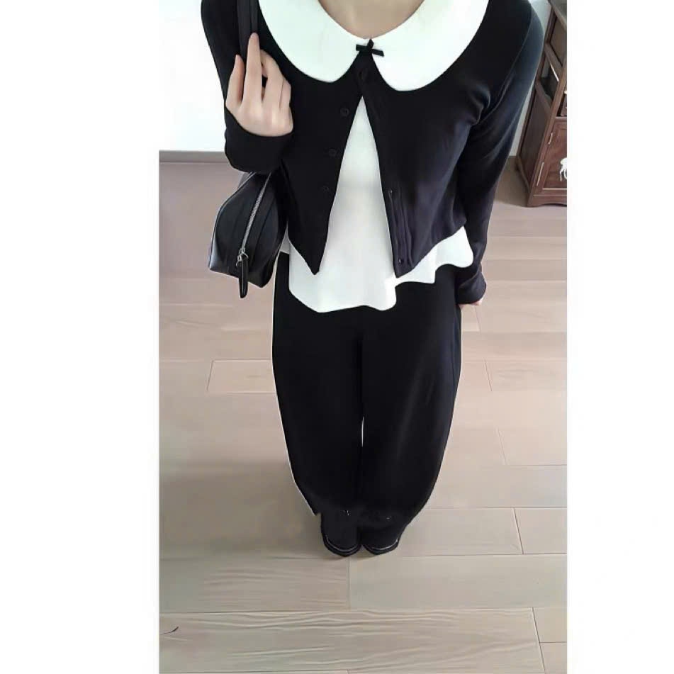 (Set 2 Món): Set Áo Cadigan Len Đen+Áo Trắng Cổ Sen Ngắn Dễ Mặc, Dễ Phối Diện Đi Chơi, Đi Cafe Hay Ở Nhà Đều Xinh | BigBuy360 - bigbuy360.vn