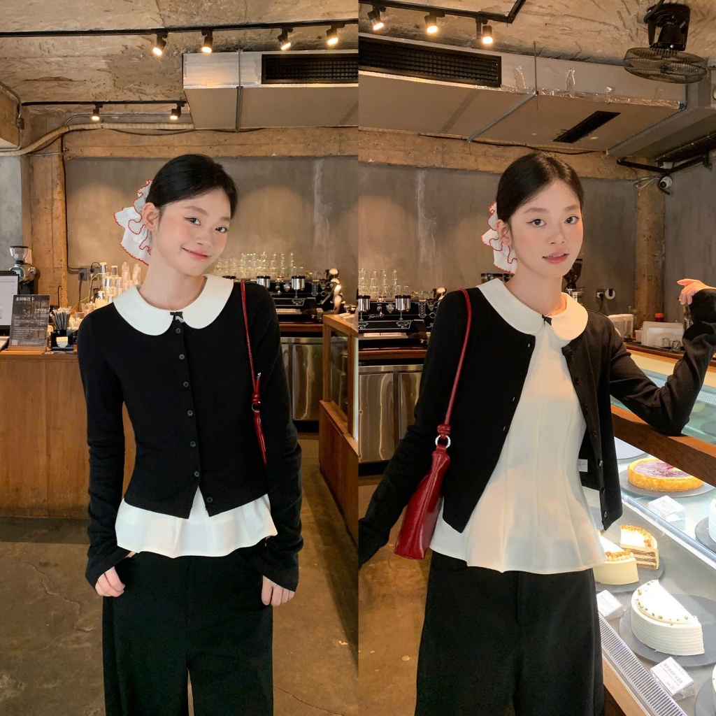 (Set 2 Món): Set Áo Cadigan Len Đen+Áo Trắng Cổ Sen Ngắn Dễ Mặc, Dễ Phối Diện Đi Chơi, Đi Cafe Hay Ở Nhà Đều Xinh | BigBuy360 - bigbuy360.vn