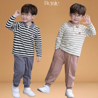  Set bộ polo tay dài kẻ ngang họa tiết thêu cáo nhỏ kèm quần dài bé trai 1 đến 7 tuổi BERNIE T0625B46 
