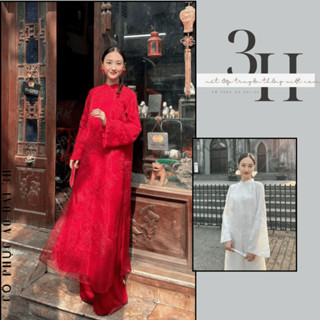 Áo dài cách tân nữ dáng suông vải thêu lân sư 4 tà cổ cao tay dài loe - Áo dài 3H