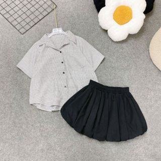  Set Bộ Bigsize Nữ Set Hè Áo Sơ Mi Dáng Lửng Kèm Chân Váy Bí Lưng Chun Vải Sọc Chubby - SET  A297+CV413  