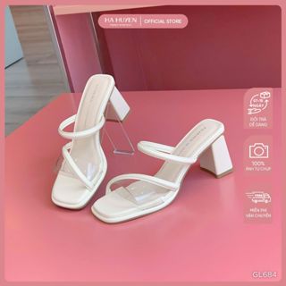 Guốc lê, dép cao gót nữ HÀ HUYỀN quai lệch dập mép phối trong gót dẹt 7cm - GL684