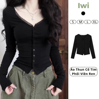  Áo Thun Nữ Dài Tay Cổ Chữ V Phối Ren Gợi Cảm IWI SHOP Ôm Body Tôn Dáng Chất Thun Cotton Mềm Mịn Co Giãn 