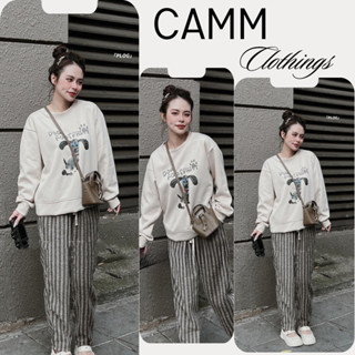 Set Đồ Nữ Thu Đông Áo Phông Quần Baggy Kẻ Sọc HCOM3189 - Cổ Tròn Dài Tay, In Hình Dog, Cạp Chun