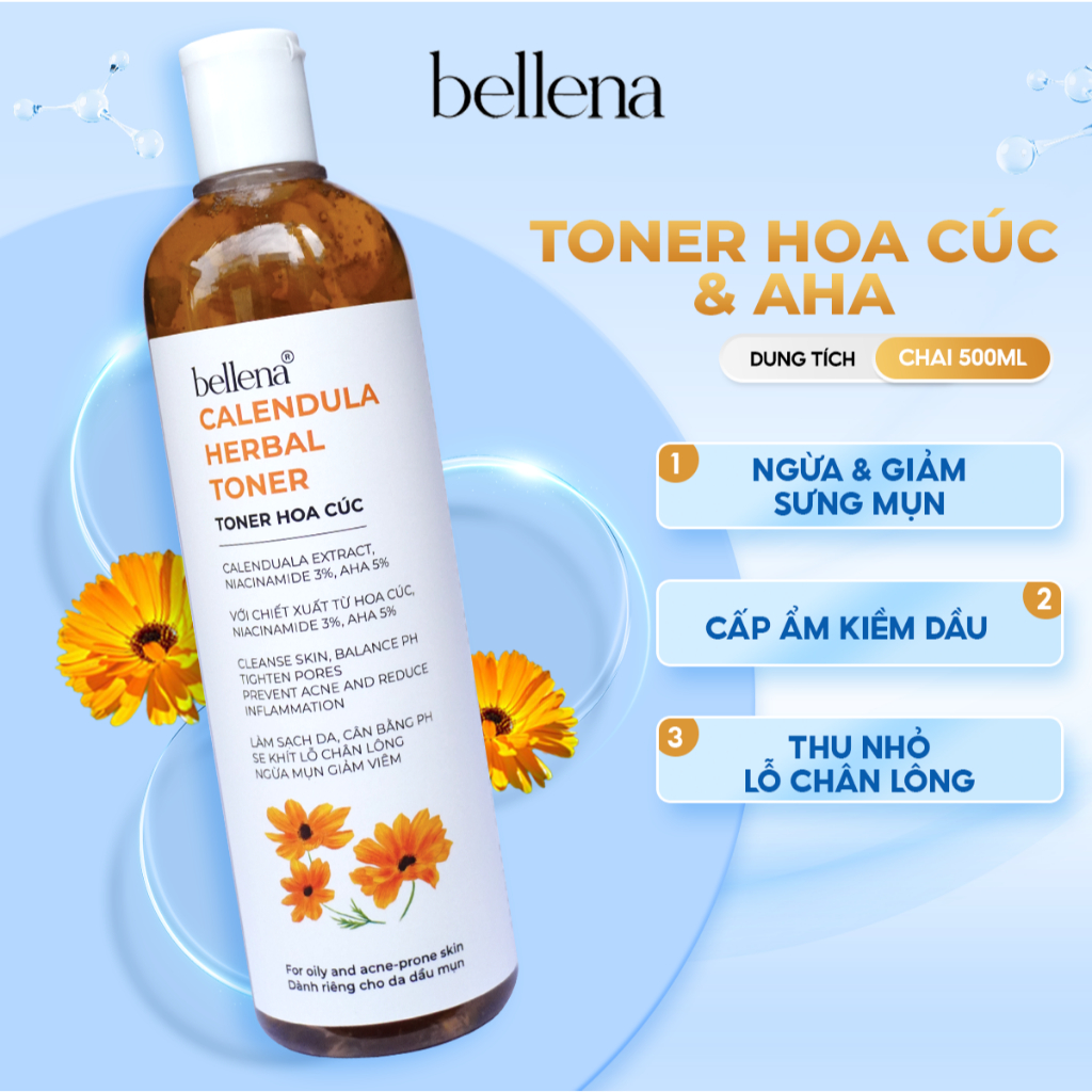 Toner Nước Cân Bằng Hoa Cúc Bellena Chamomile Herbal Toner Làm Dịu Cấp Ẩm Cho Da Phù Hợp Da Dầu Mụn 500ml
