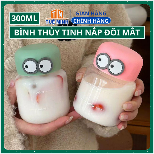 Bình Nước Thủy Tinh Đôi Mắt Dáng Lùn Chia Vạch 300ml Cute