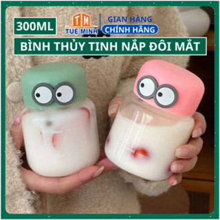 Bình Nước Thủy Tinh Đôi Mắt Dáng Lùn Chia Vạch 300ml Cute