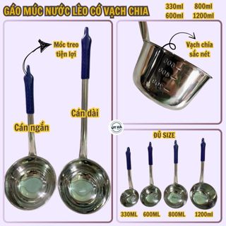 🥣 Gáo inox múc nước lèo cán nhựa cách nhiệt có vạch chia 300ml 600ml 800ml 1200ml | Gáo múc cháo súp phở có lỗ treo