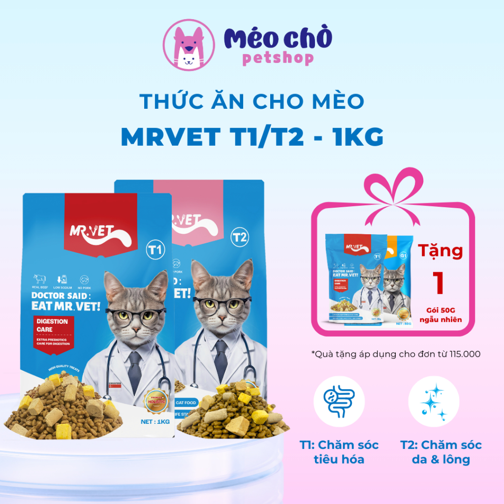 Hạt cho mèo MRVET T1 & T2 gói 1KG hỗ trợ tiêu hoá khỏe và dưỡng da mượt lông, tăng sức đề kháng
