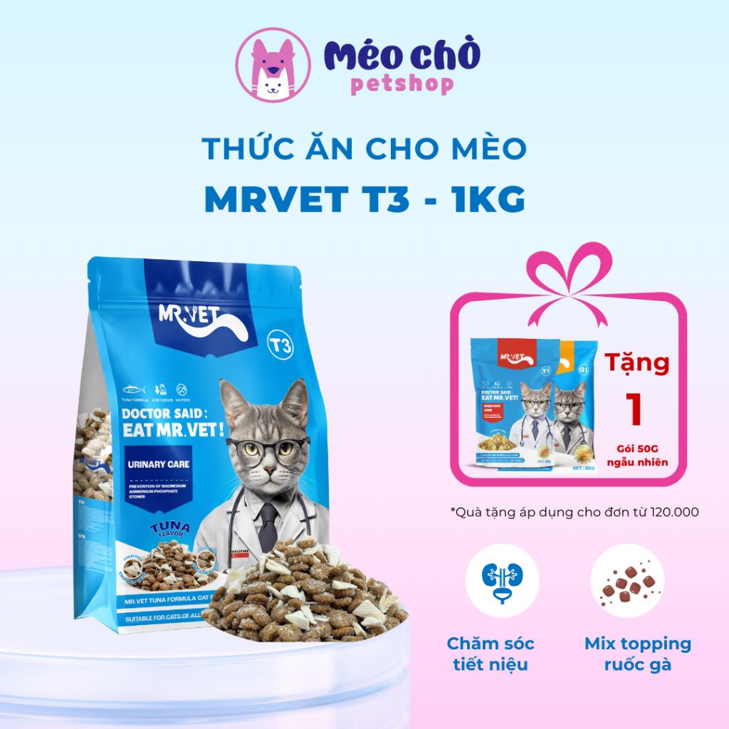  Hạt cho mèo MRVET T3 gói 1KG cải thiện tiết niệu mix topping ruốc gà công thức 4 loại cá biển 
