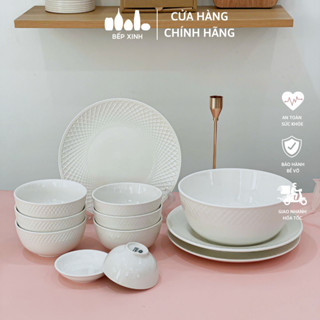  Bộ chén dĩa 12 món viền sần trắng trơn - Sứ Minh Châu - B12VS 