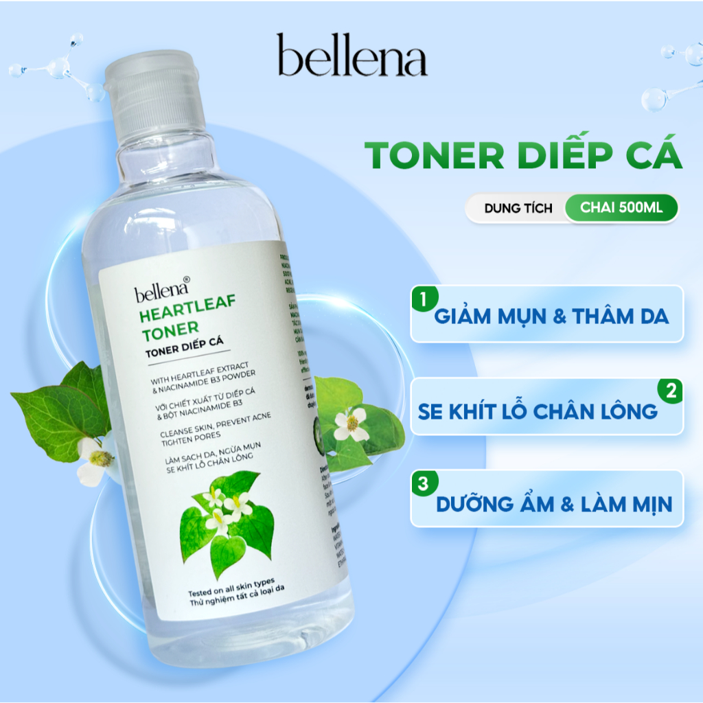Toner Nước Hoa Hồng Diếp Cá Bellena Heartleaf Toner Hỗ Trợ Giảm Thâm Mụn, Dưỡng Ẩm Hợp Da Dầu Mụn 500ml