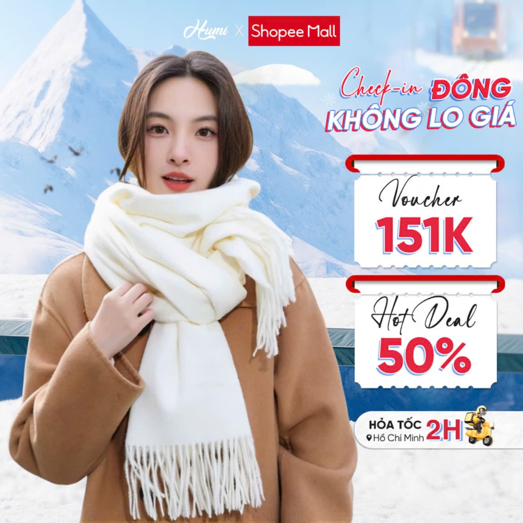 Khăn quàng cổ nữ HUMI quàng cổ mùa đông chất cashmere lông cừu cao cấp ấm áp mềm mịn an toàn cho da