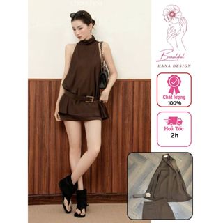 [ Sẵn - Hỏa Tốc ]  Set Áo Lụa Cổ Yếm Chân Váy Ngắn Chuẩn CHOUCHOU Kèm Dây Đai Sang Chảnh Dự Tiệc
