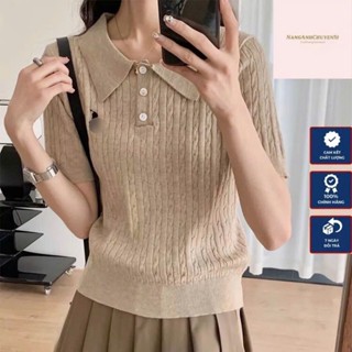 Áo Polo Len Thun, Áo Len Cổ Bẻ Dệt Kim Tay Cộc Dáng Lỡ Phối Ngựa Thêu Ngực Vặn Thừng Chất Mongtoghi Qccc Nanganhchuyensi