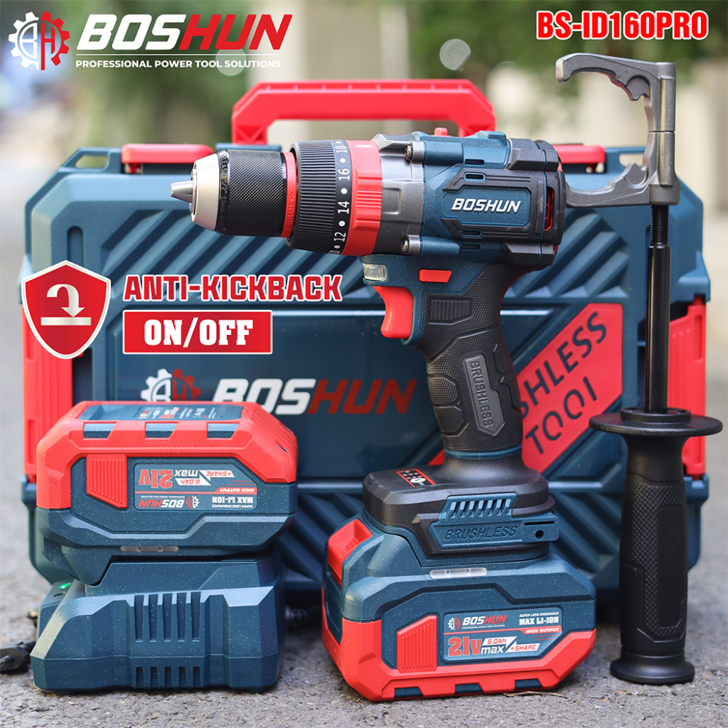 Máy khoan pin BOSHUN BS-ID160PRO, Không chổi than 160Nm, Có Anti-kickback chống lật cổ tay