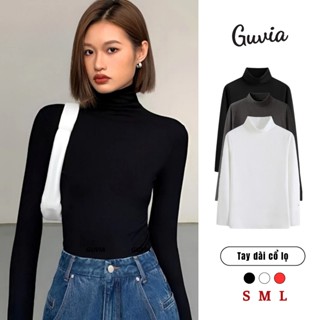 Áo CỔ LỌ Tay Dài GUVIA Dáng Dài Chiết Eo Tôn Dáng Gân Cotton ADD06, Áo Thun Giữ Nhiệt Tay Dài Cổ Cao Len Tăm.