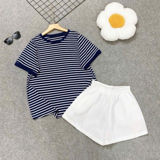  Set Đồ Nữ Bigsize Áo Thun Sọc Ngang Tay Ngắn + Quần Short Trơn Năng Động A294+Q500 