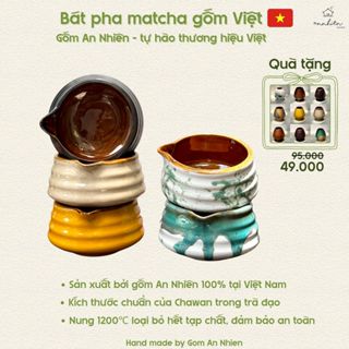 Bộ pha matcha gốm Việt (chawan và gác chasen), chawan bát đánh Matcha có miệng rót - gốm An Nhiên