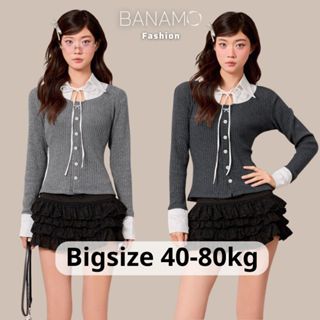 Áo len nữ Bigsize Banamo Fashion tay dài cổ sơ mi phối dây thắt nơ form ôm tôn dáng siêu xinh 3114