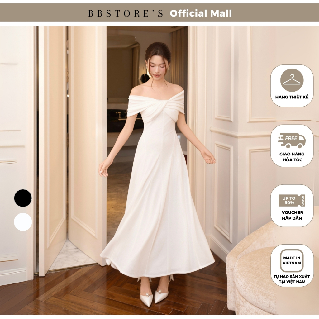 BBSTORE'S Đầm Trễ Vai Tiệc Dài Xoắn Ngực Thun Giấy Phối Tùng Con - D4535B