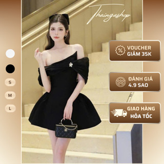 Đầm dự tiệc trễ vai đính phụ kiện tùng xoè bồng bềnh  màu đen chất cotton mịn size S M L sang trọng D1226 ( From Nhỏ )