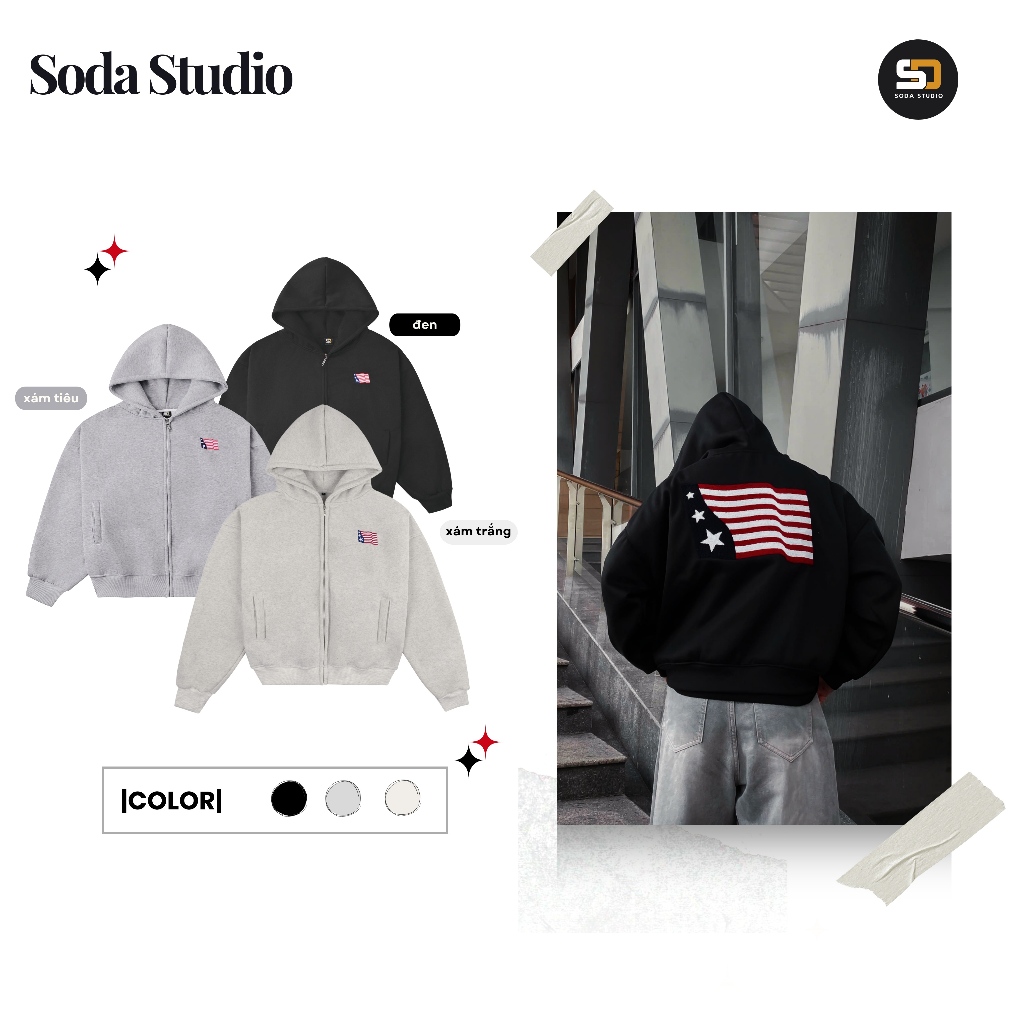 Soda Studio | Áo Hoodie Zip Nỉ Có Túi & Dây Rút Three Star Thêu xù Lá cờ -Áo Hoodie Thời trang Unise