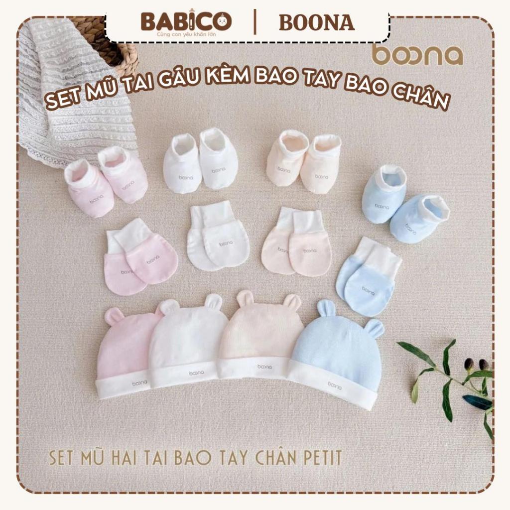 Set Mũ Tai Gấu Và Bao Tay Chân Phối Màu Hãng Boona Cho Bé Sơ Sinh Vải Petit Mềm Mại
