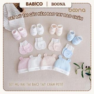 Set Mũ Tai Gấu Và Bao Tay Chân Phối Màu Hãng Boona Cho Bé Sơ Sinh Vải Petit Mềm Mại