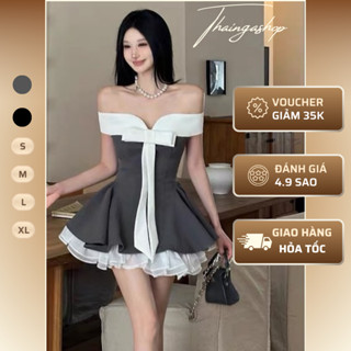 [Tặng Quần Bảo Hộ] Đầm dự tiệc dáng ngắn trễ vai phối nơ trắng bồng xoè chất cotton cao cấp thiết kê sang trọng D1173