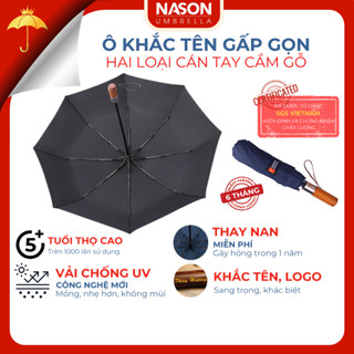 Ô Dù Tự Động Đóng Mở 2 Chiều trên 1000 lần, Che Mưa, Chống Nắng, ngăn 99% UV, Tay Cầm Gỗ Khắc Tên