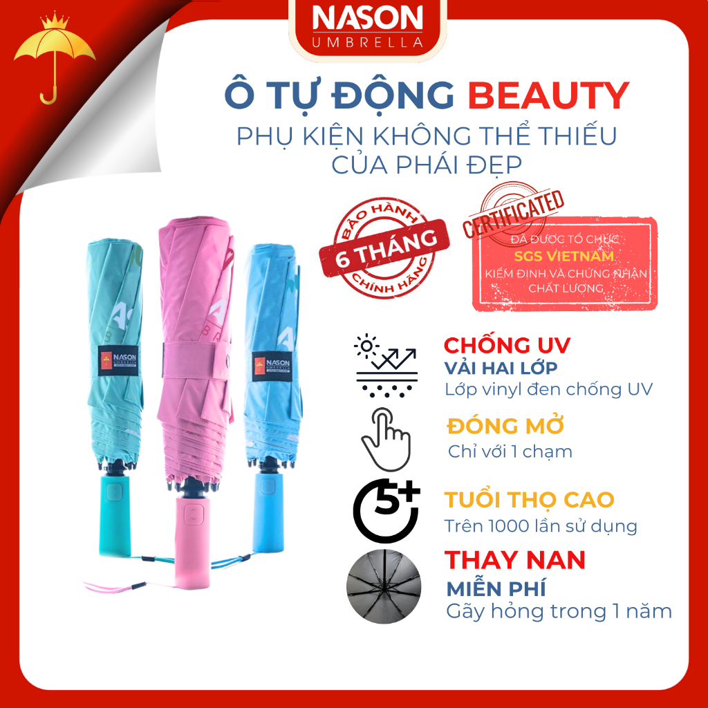 Ô dù che nắng tự động gấp gọn Nason Beauty Umbrella bản nâng cấp 2024 vải siêu nhẹ, độ bền 4-6 năm