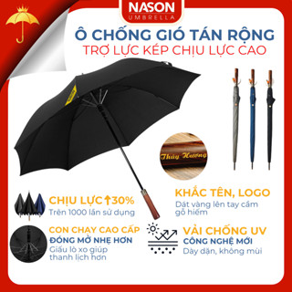 Ô dù tán rộng che nắng mưa G27 NASON, khắc tên lên tay cầm gỗ, chống gió lật cấp 7, che 2 3 người