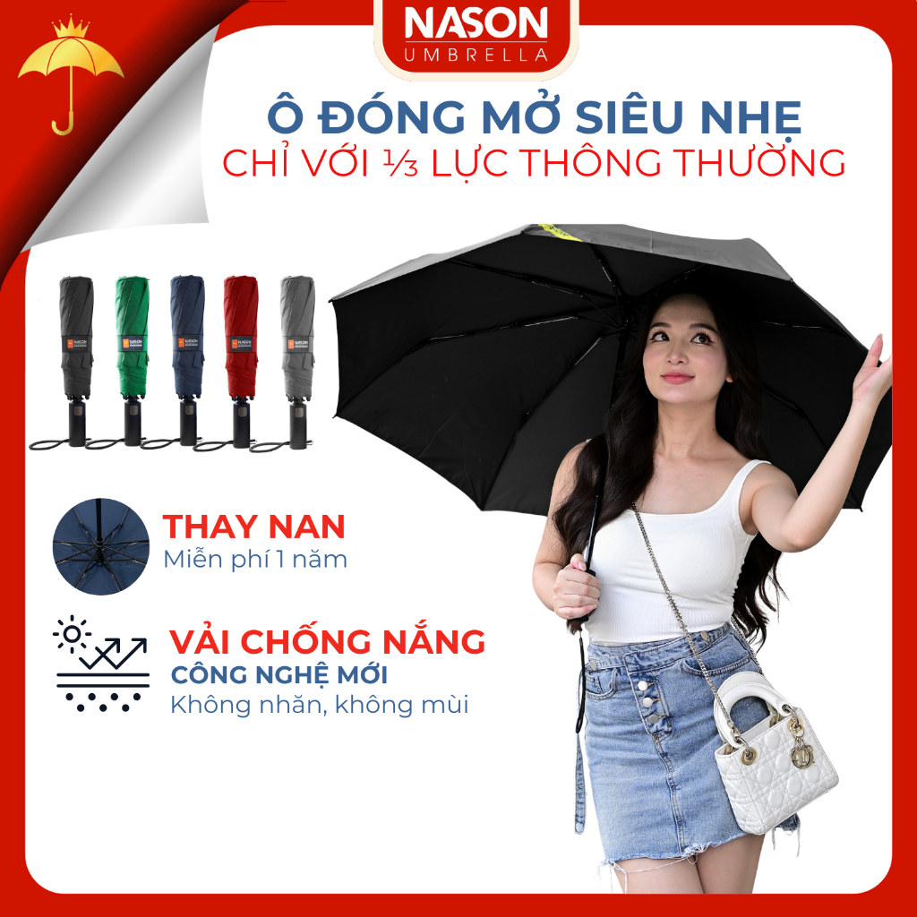 Ô dù tự động cao cấp Nason Smoothy. Đóng mở siêu nhẹ trên 1000 lần, che nắng, che mưa, ngăn 99%UV