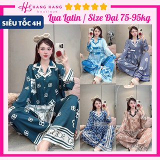 Đồ ngủ nữ bigsize cỡ đại 75-95kg, pijama dài tay dài lụa latin mịn mát 95DD03, đồ bộ nữ đồ mặc nhà dễ thương sang chảnh