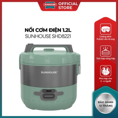 Nồi cơm điện 1.2L Sunhouse SHD8221 - Dung tích 1.2L - Tích hợp xửng hấp - Lòng nồi 3 lớp giữ nhiệt bền bỉ