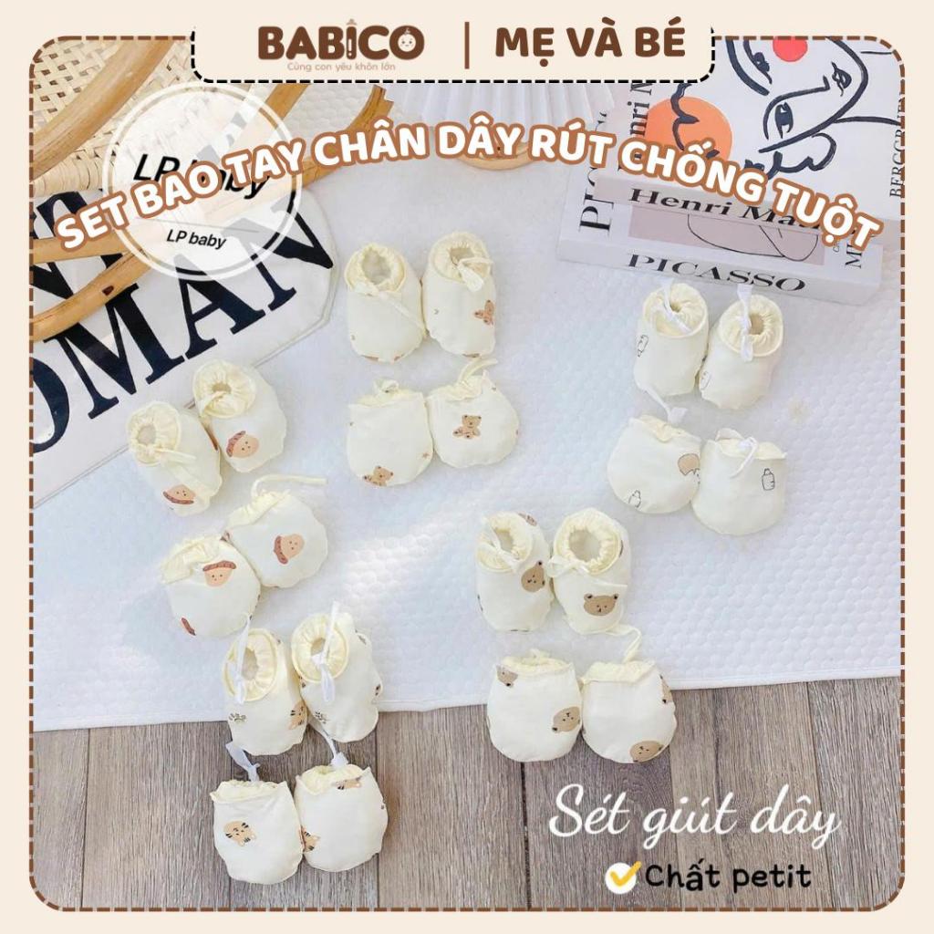 Set Bao Tay Bao Chân Cho Bé Sơ Sinh Có Dây Rút Chống Tuột, Vải Petit Thun Lạnh Mềm Mại Và Đáng Yêu (Mới)