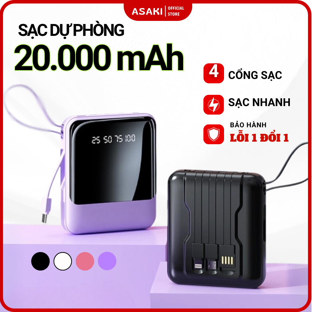 Củ Sạc Nhanh  Asaki 4 Đầu Cáp Dung Lượng 20000 mAh Dùng Cho Mọi Dòng Điện Thoại