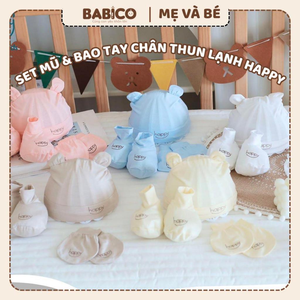 Set Mũ Kèm Bao Tay Bao Chân Happy Vải Thun Lạnh Mềm Mại, An Toàn Cho Bé  Cho Bé 0-3 Tháng (HAPPY)