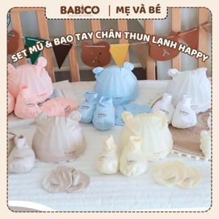 Set Mũ Kèm Bao Tay Bao Chân Happy Vải Thun Lạnh Mềm Mại, An Toàn Cho Bé  Cho Bé 0-3 Tháng (HAPPY)