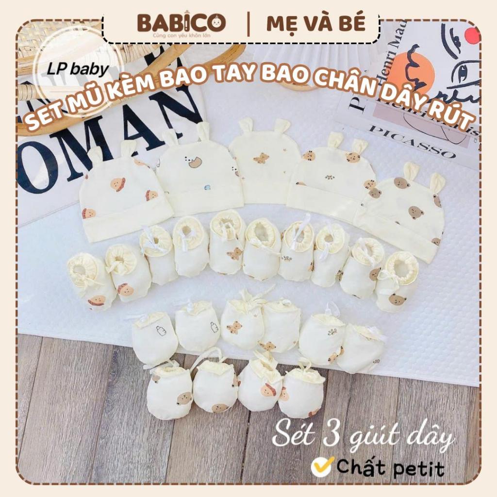 Set Mũ Kèm Bao Tay, Bao Chân Vải Petit Thun Lạnh Mềm Mại, Có Dây Rút Chống Tuột, Họa Tiết Đáng Yêu Cho Bé Sơ Sinh