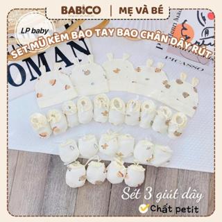 Combo 2-3 Set Mũ Kèm Bao Tay, Bao Chân Vải Petit  Mềm Mại, Có Dây Rút Chống Tuột, Họa Tiết Đáng Yêu Cho Bé Sơ Sinh
